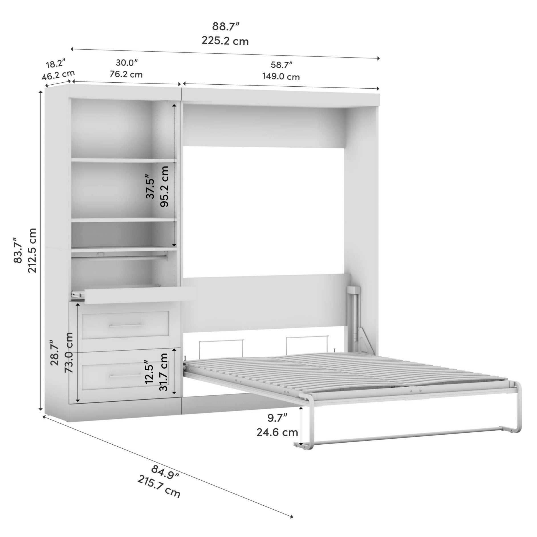 Boutique Full Murphy Bed and Shelving Unit with Drawers and Pull-Out Shelf