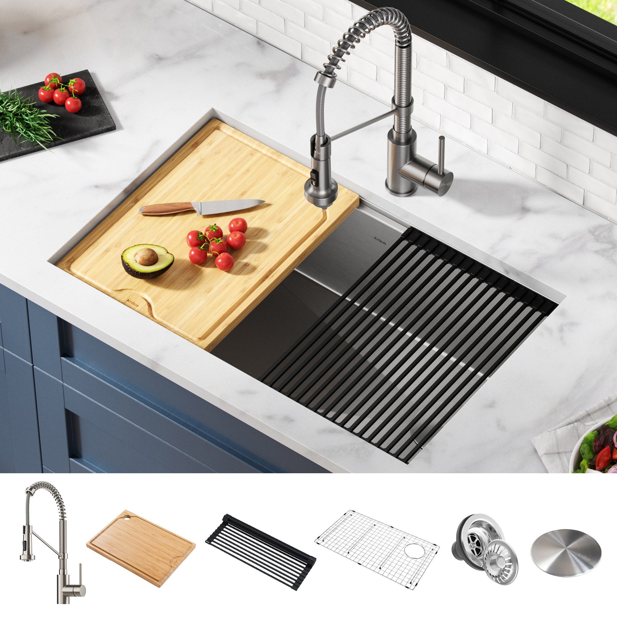 Undermount Workstation Sink with Pull-Down Kitchen Faucet