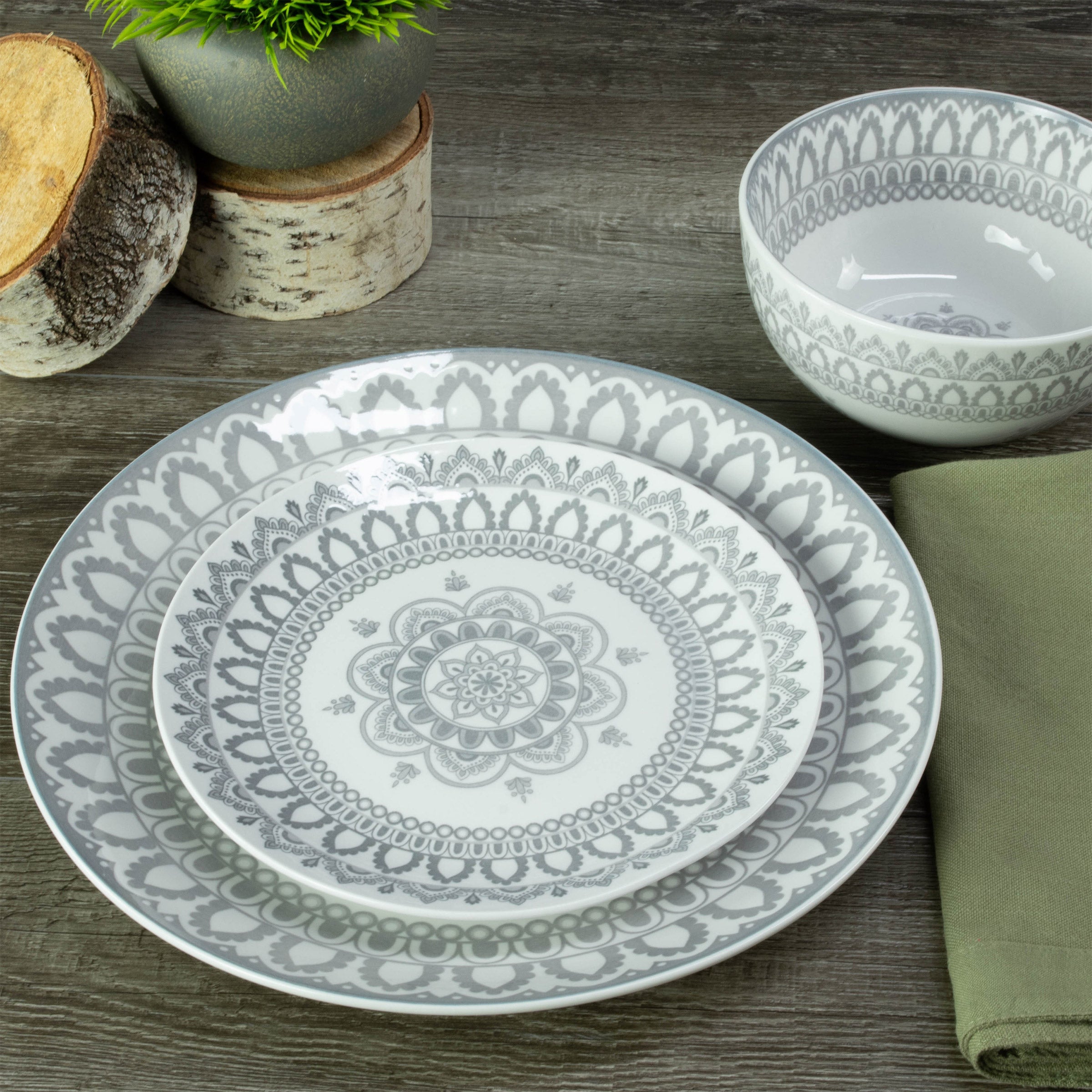 , 12-Piece, Onyx/Stone Dinnerware Set