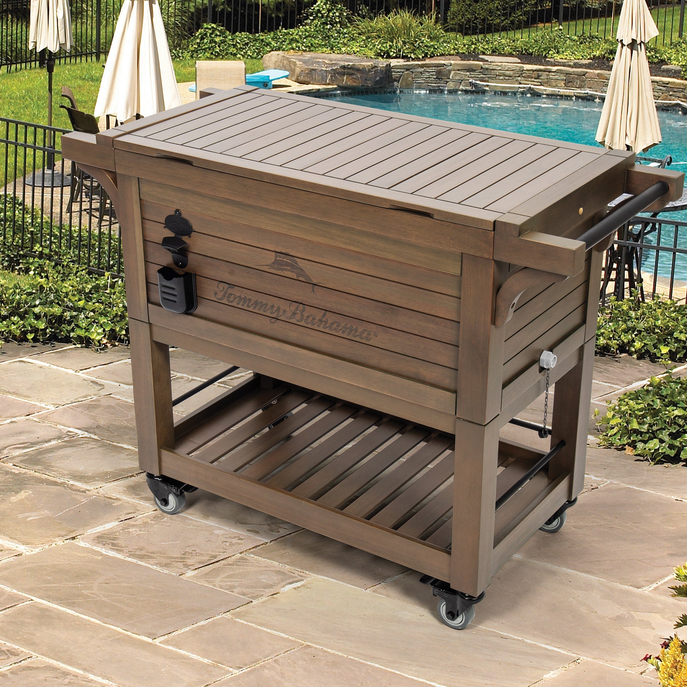 Tommy Bahama 100 Quart Rolling Wood Cooler Image