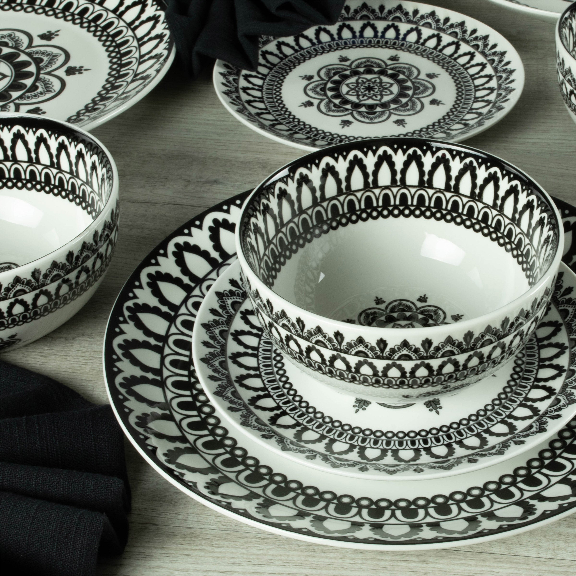 , 12-Piece, Onyx/Stone Dinnerware Set