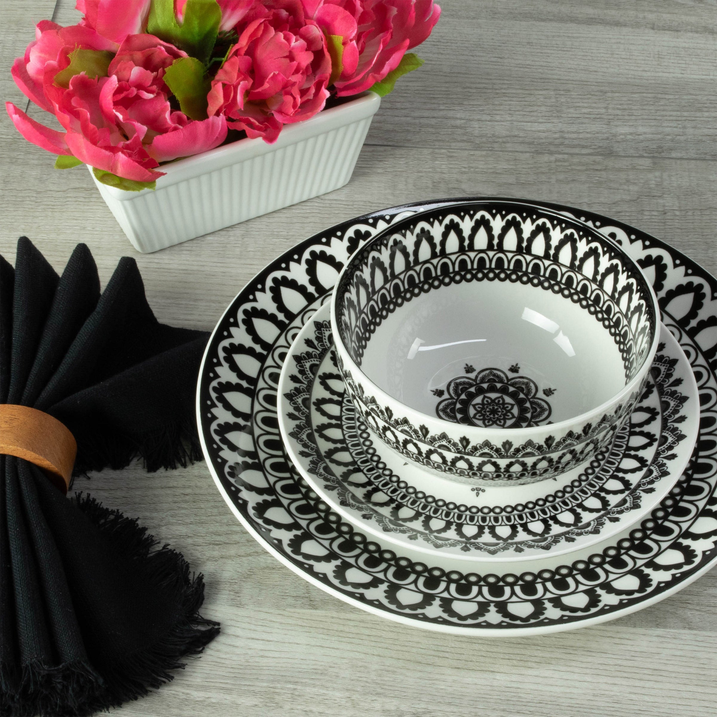 , 12-Piece, Onyx/Stone Dinnerware Set