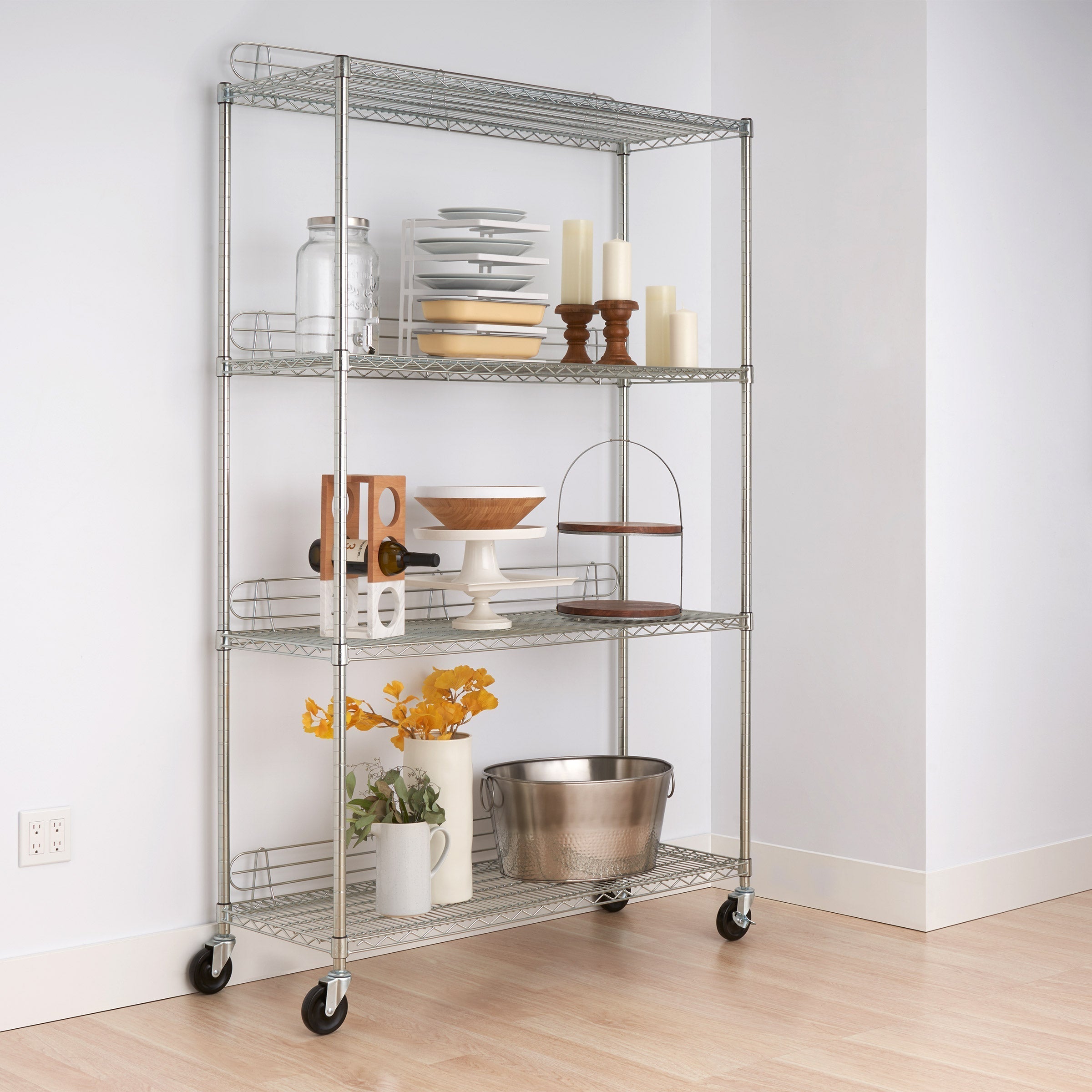 TRINITY EcoStorage 4-Tier Wire Shelving Rack with Wheels, 48" x 18" x 72" , NSF, Chrome Color Image